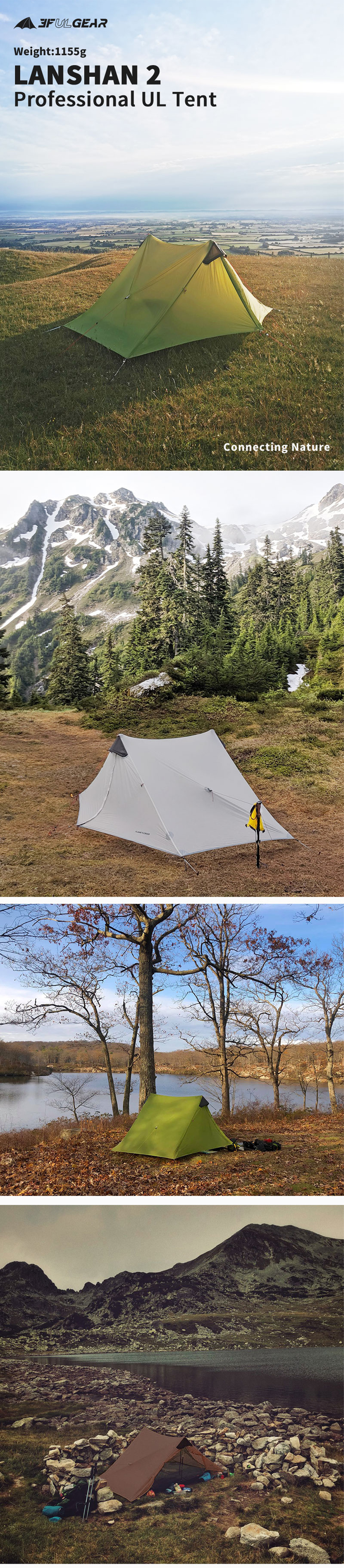 Cheap Goat Tents 3F UL GEAR LanShan2 2 Person Outdoor Ultralight Camping Tent 3 Season 4 Season Professional Waterproof 15D Silnylon Rodless Tent   